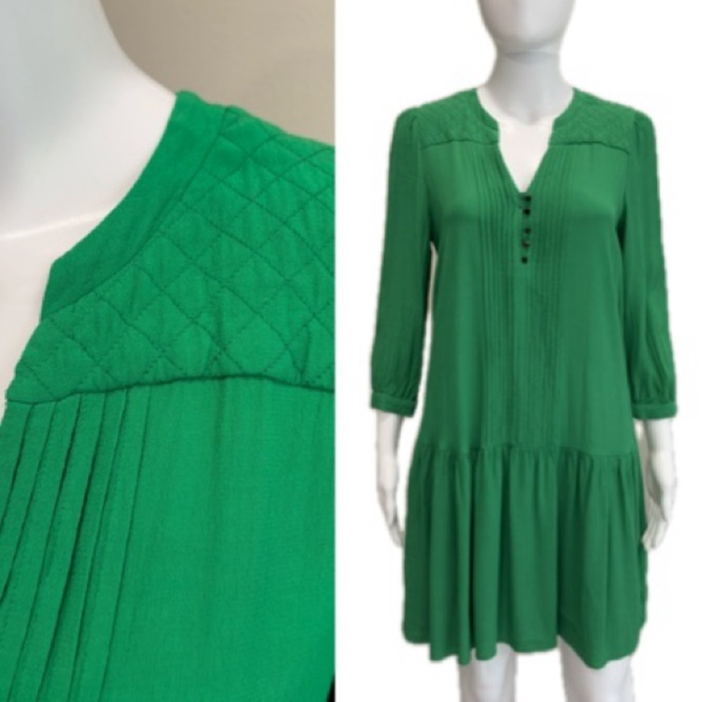 Anthropologie Maeve Galina Kelly Green Drop Waist Dress Size 2 Pleated A-Line